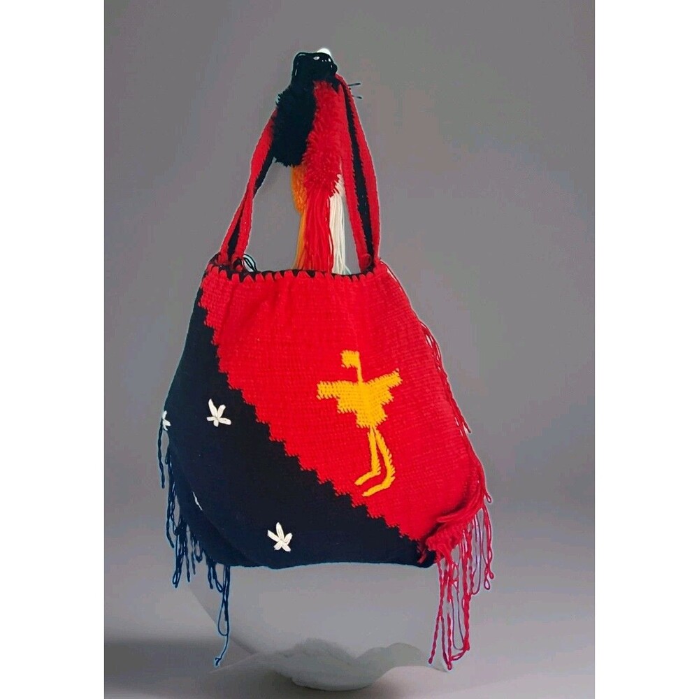 Handmade Womens Shoulder Bag Red Black Colorblock Bird Embroider Tassel Fringe